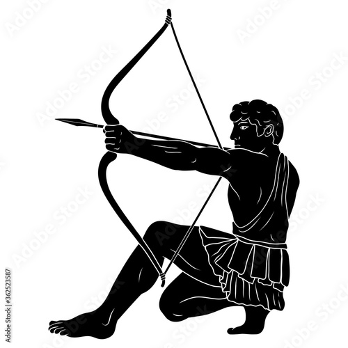 The ancient Greek hero Hercules shoots from a bow at a target. Silhouette Isolated on a white background.