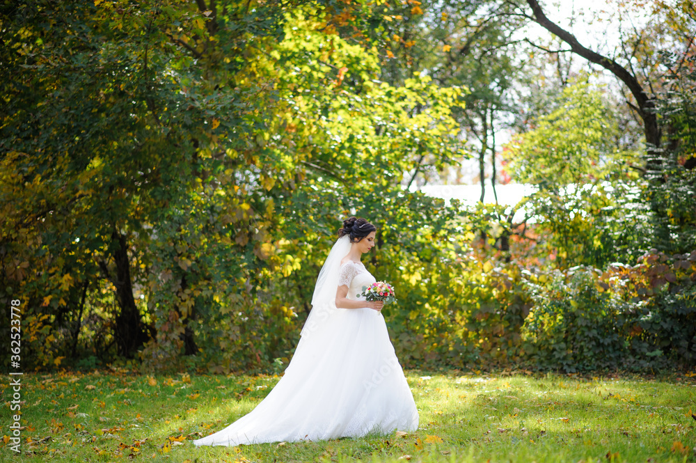 Portrait of a lonely bride on a background of an autumn park.