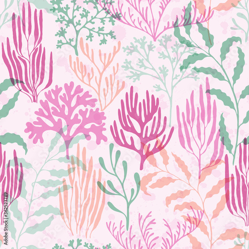 Ocean corals seamless pattern., Red Sea coral reef branches and bushes cartoon.