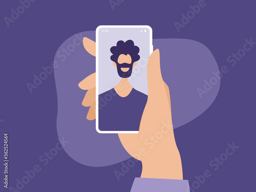 Portrait of a young Indian girl character on a mobile phone screen, millennial lifestyle, gadgets, online video call. Vector illustration