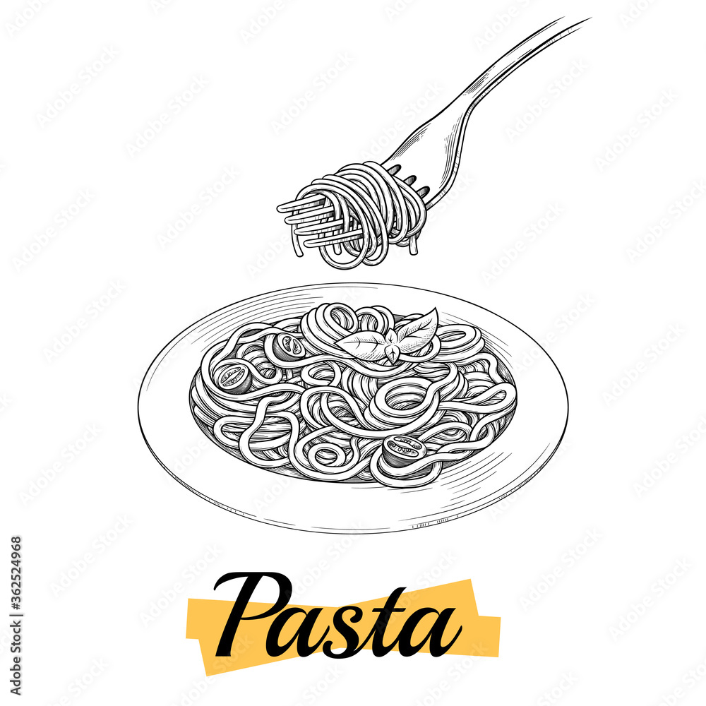 Spaghetti on a plate, fork with spaghetti Vector vintage black