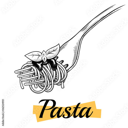 Italian pasta. Spaghetti on a fork with sauce and herbs. Vector vintage black illustration isolated on a white background. Engraving, outline, ink style.