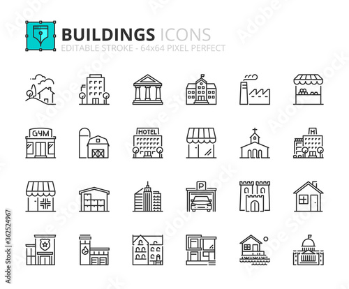 Simple set of outline icons about buildings. Architecture