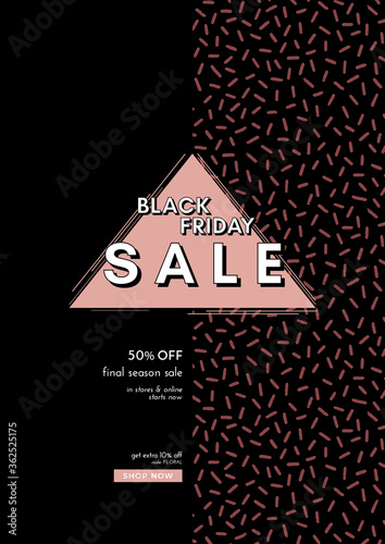 Absctract vector black friday design with doodle memphic pattern and triangle copy space. Modern banner or flyer design. photo