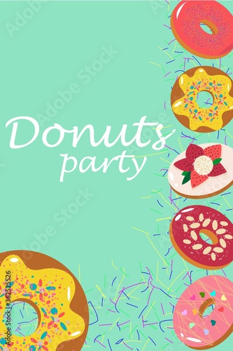 Various delicious donuts party on a menthol background. Sweet design for your cafe. greeting card, brochure, invitation, party