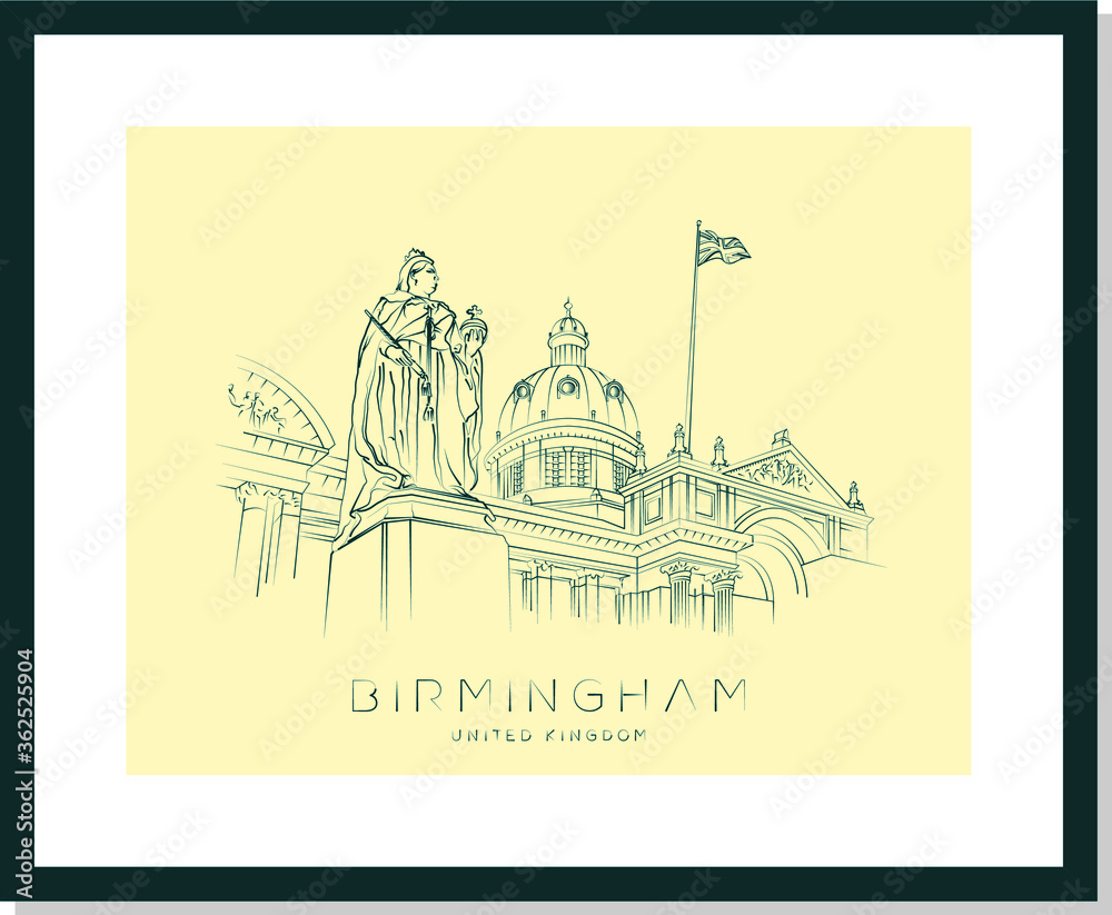 Naklejka premium Birmingham urban sketch poster, Queen Victoria sculpture and Birmingham museum, vector illustration and typography design, England, UK