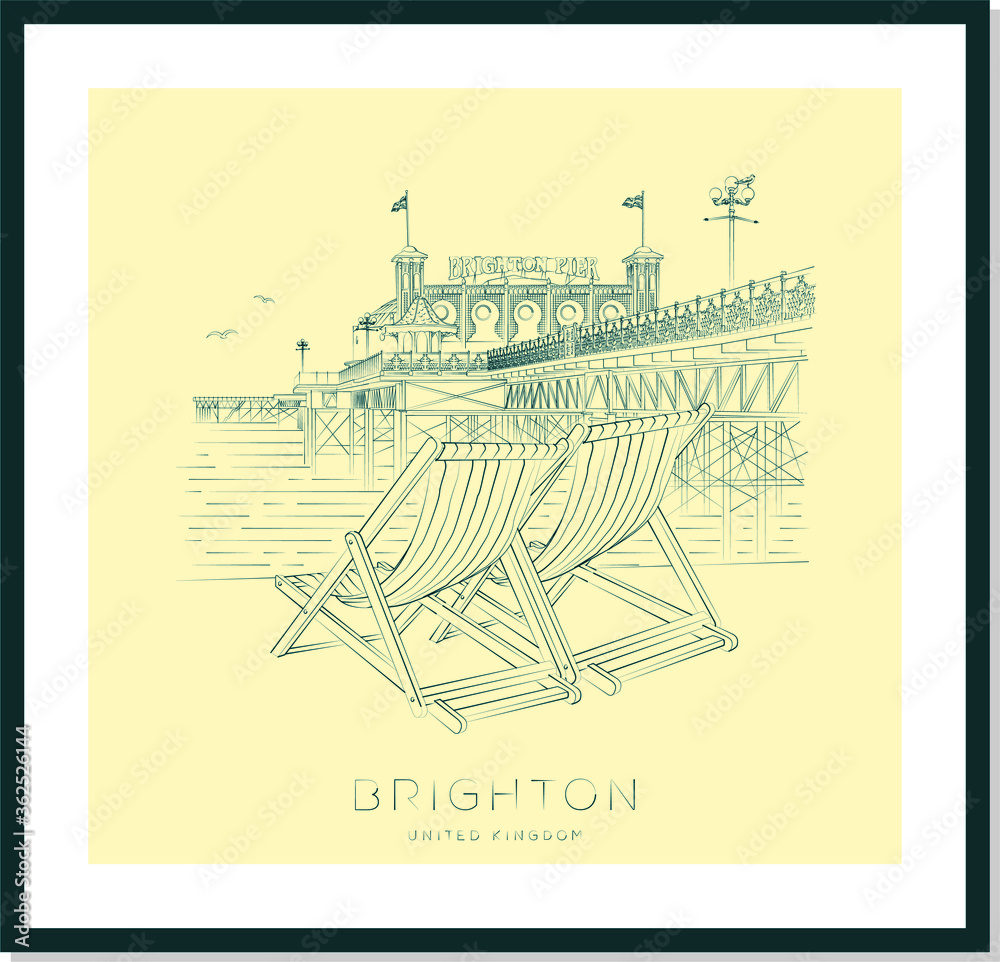 Brighton pier urban sketch poster, vector illustration and typography design, England, UK