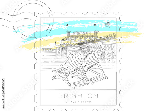 Brighton pier urban sketch stamp, vector illustration and typography design, England, UK