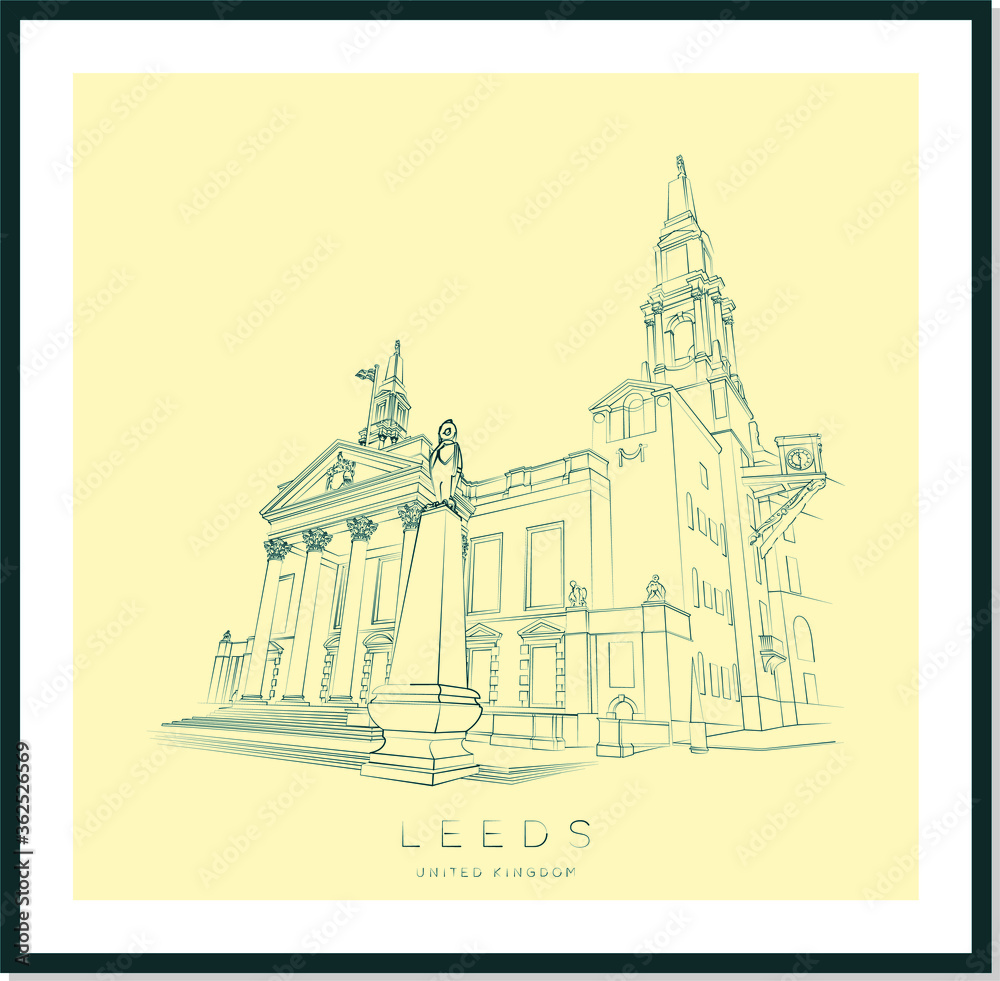 Leeds urban sketch poster, City Council Building or Civil Hall, vector illustration and typography design, England, UK