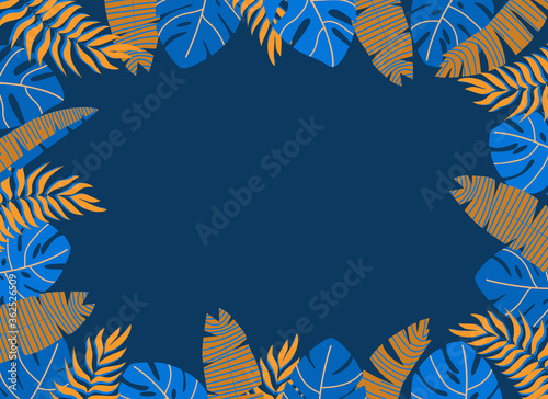 Frame with tropical leaves in blue and orange colors on a dark background. Summer illustration, space for text. Flat vector illustration. © kat