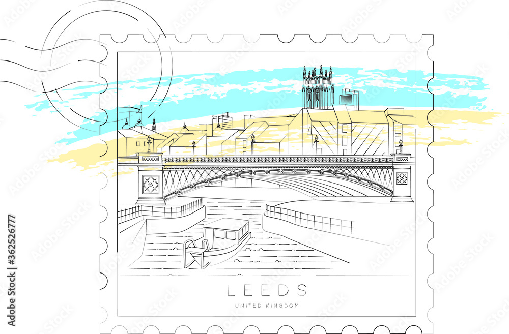 Leeds urban sketch stamp, vector illustration and typography design, England, UK