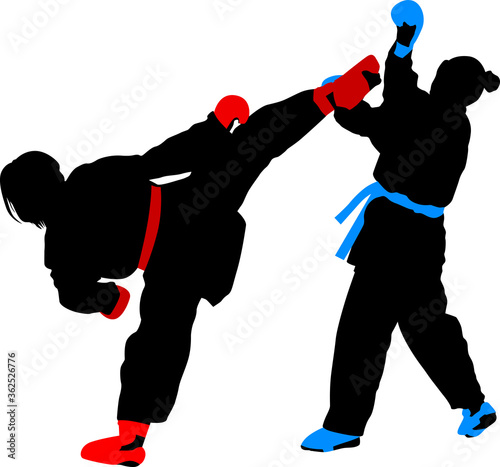 two girls fight in karate silhouette color