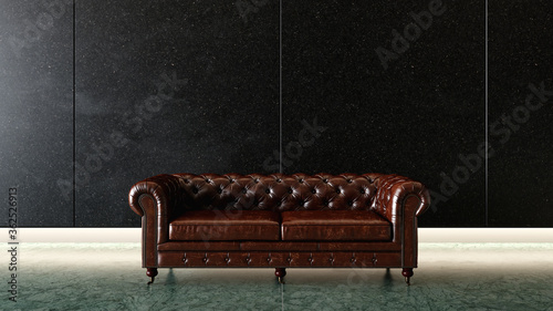 brown leather sofa in front of the black marble wall, luxury interior 3D background illustration concept