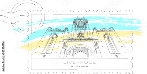 Liverpool Cathedral sketch stamp, vector illustration and typography design, England, UK