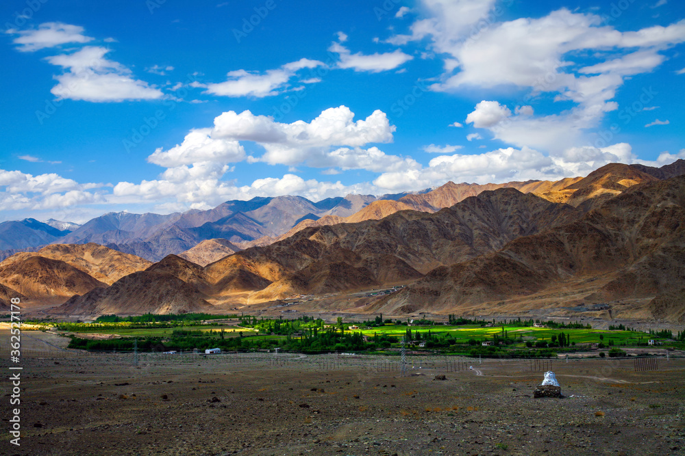 Beautiful scenic view of the Himalayan range, Leh, Ladakh, India.
