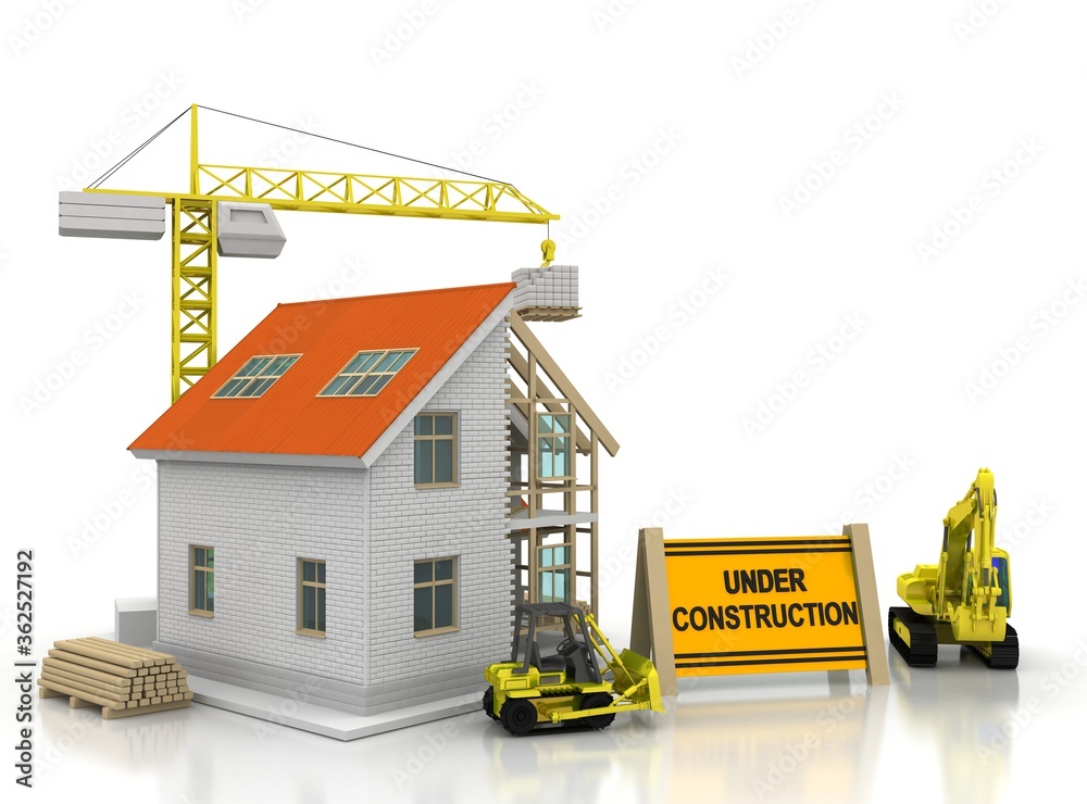 3d illustration of frame house construction over white background with crane and crawler. Building theme background.
