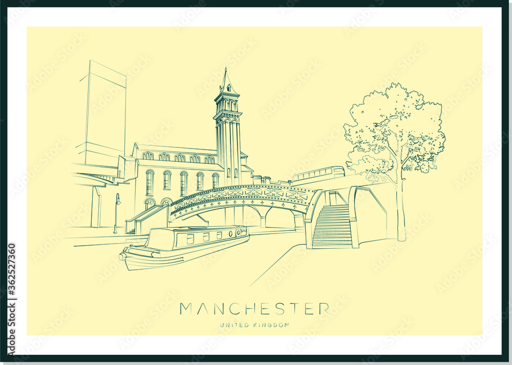Manchester urban sketch poster, Bridgewater canal in Castlefield, vector illustration and typography design, England, UK