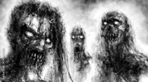 Foto Scary demonic zombies with glowing eyes illustration.