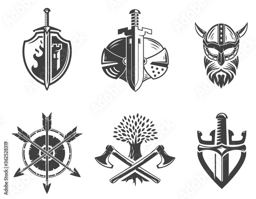 Collection abstract medieval composition isolated on white background. Template for logo, label, emblem, badge. Vector illustration.