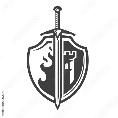 Sword and shield with fire and tower. Abstract medieval composition isolated on white background. Template for logo, label, emblem, badge. Vector illustration.