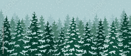 Panoramic background of the winter forest, nature, landscape. Evergreen conifers in the snow. Pine, spruce, Christmas tree. Vector illustration in a flat style.