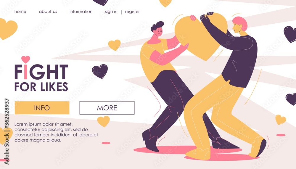 Fight for likes and popularity at social media landing page. Vector scene with people fighting for heart. Concept banner for smm agency Fight for likes and popularity at social media landing page. Vector scene with people fighting for heart. Concept banner for smm agency