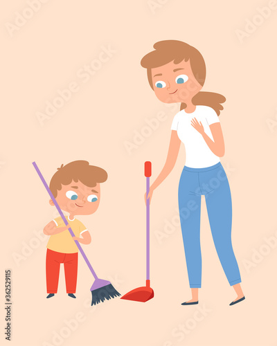 Sweep the floor. Mother and son with broom. Family time, cleaning home vector illustration. Cleaning and housekeeping together