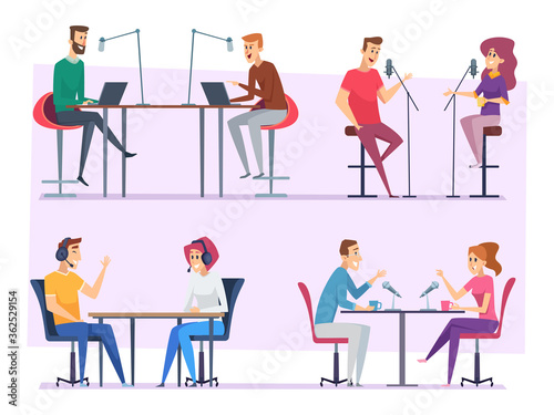 Broadcast characters. Radio show people studio making sound and music microphone vector illustration set. Radio show broadcast, music studio with microphone