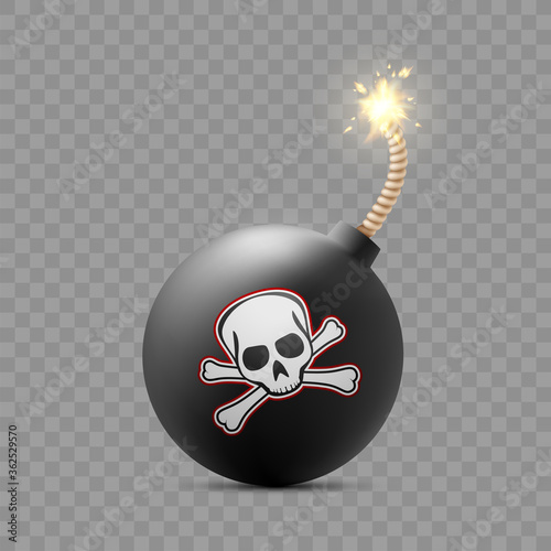 Round bomb with explosive fuse. Skull and crossbones
