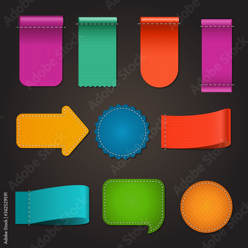 Fabric banners. Textile tags with stripped thin white sewing line colored fabric stitches for clothes vector frames collection. Illustration fabric label with stitch design tag