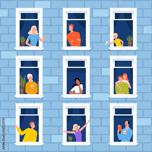 Window neighbourhood. People looking out of window frames outdoor building furniture for modern apartment vector characters. Neighbourhood looking from building, people in apartment illustration