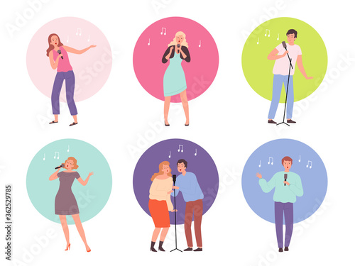 Singing characters. Adult people in karaoke club singing solo popular music vector persons isolated. Vocalist musician, solo festival entertainment illustration