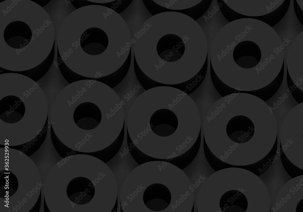 Black circles. abstract rounds pattern for web template background, brochure cover or app. Material style. Geometric circles 3D render illustration.