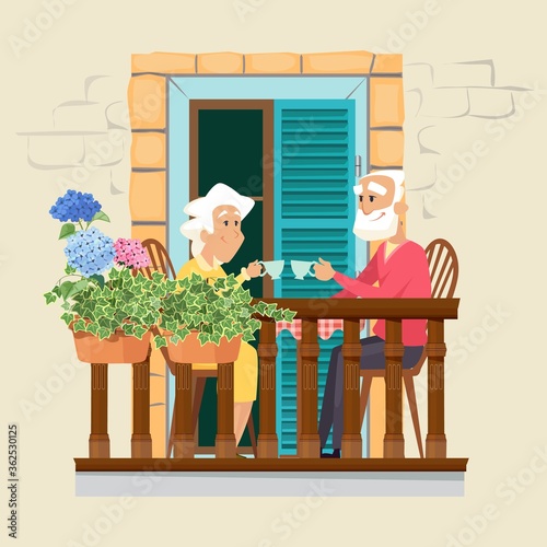 Elderly couple on balcony. Neighborhood, stay home concept. Cute old man and woman drink tea on floral terrace vector illustration. Elderly on quarantine, window balcony, family lifestyle