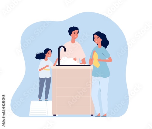 Family washing hands. Woman drying arm with towel, man and girl cleaning with soap foam and water. Self hygiene, virus protection vector illustration. Family hygiene wash and care together