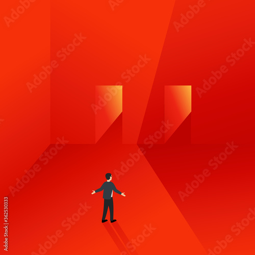 Two ways choise confusion isometric concept - small man stay in front of two same doors but different paths (strategy or planning) for each other