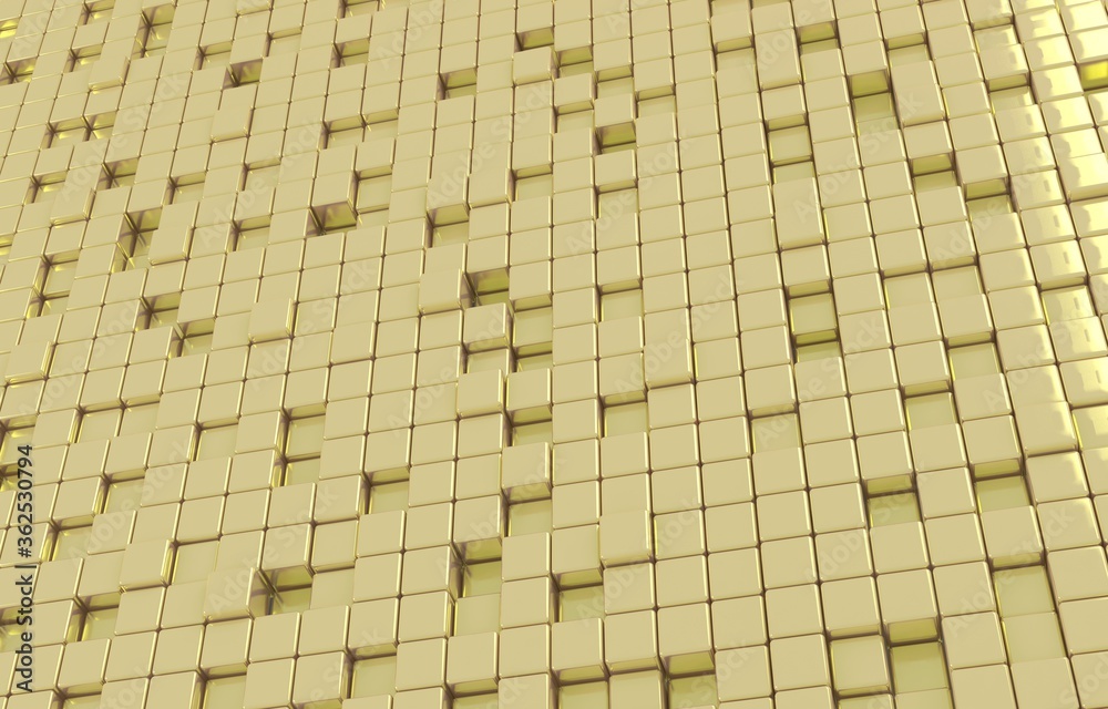 Fototapeta premium Abstract geometric shape of golden cubes 3d render. Futuristic fashioned glossy gold background.