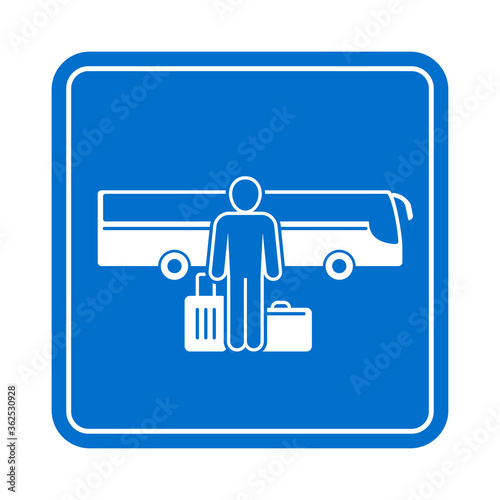 Bus station (bus stop) icon - navigation sign with human silhouette holding carryon and baggage and waiting for intercity express transport - vector road sign stencil 