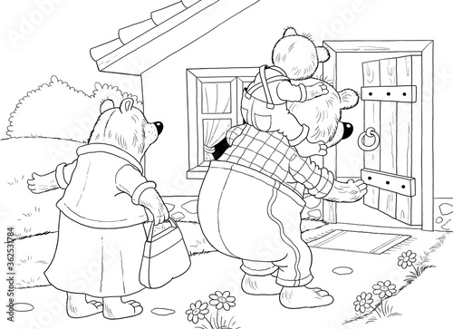 Goldilocks and the three bears. Fairy tale.  One picture from series. Coloring book. Educational book. Illustration for children. Cute and funny cartoon characters