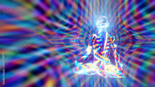 3D illustration of a man meditating in the Lotus position