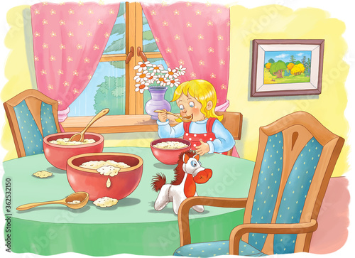 Goldilocks and the three bears. Fairy tale.  One picture from series. Coloring book. Educational book. Illustration for children. Cute and funny cartoon characters