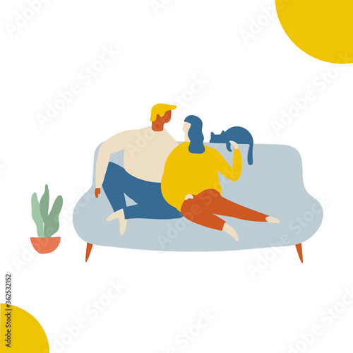 Couple spending time at home flat vector illustration. Relaxing at home, leisure time. © Oksana