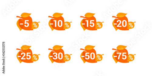 Sale tag or sticker for autumn sales in natural leaf form with different percentage - 5, 10, 15, 20, 25, 30 50 and 75