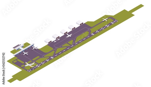 Isometric vector airport runway with take-off airplane. 3d station.