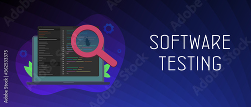 Testing Software horizontal banner concept. Program code screen with development and debugging process. Bug found in binary code with magnifying glass. Header and footer banner template with text