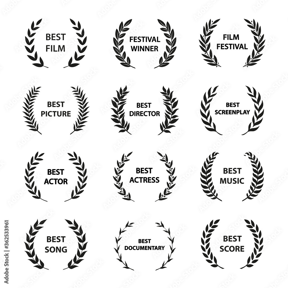 Film Awards. Set of black and white silhouette award wreath. Vector illustration.