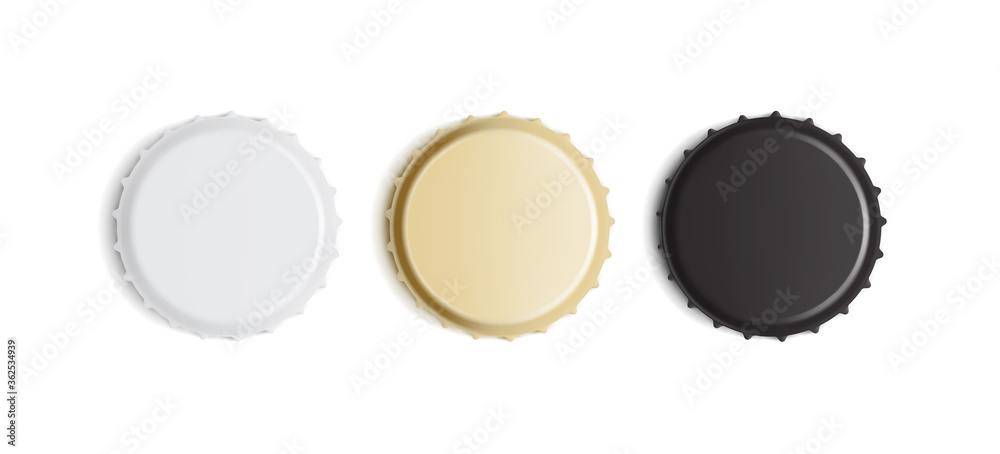 white, golden and black bottle caps isolated on white background white, golden and black bottle caps isolated on white background