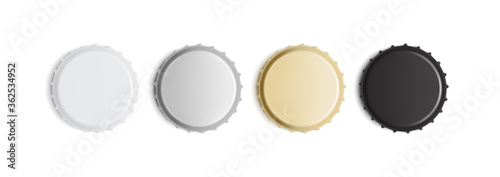 white, golden, silver and black bottle caps isolated on white background mock up 