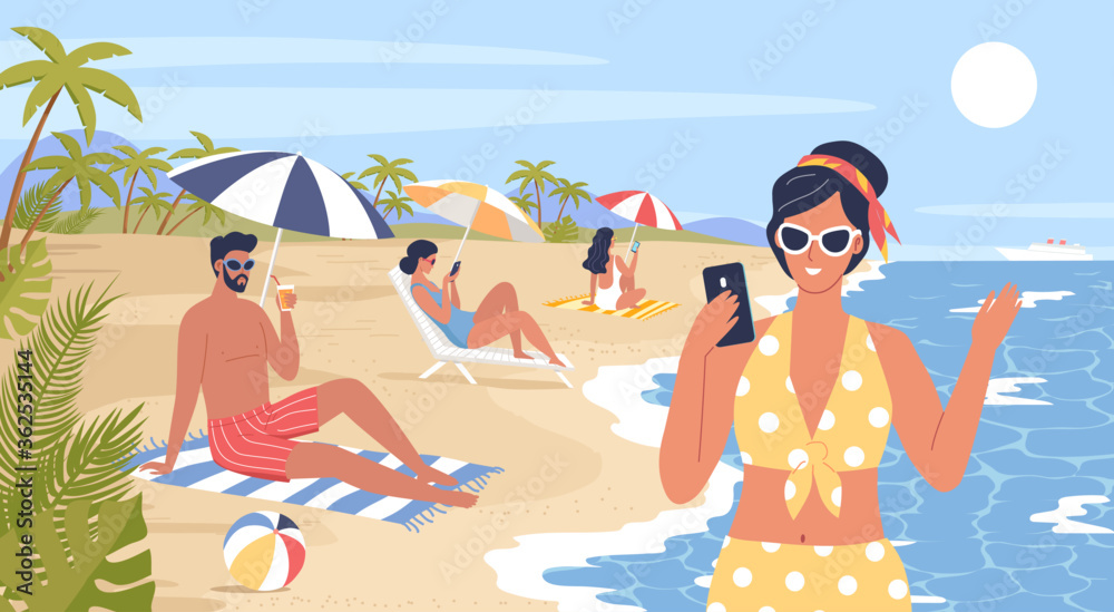 Young people resting on the summer tropical beach. Cartoon characters  vacation vector illustration Stock Vector | Adobe Stock