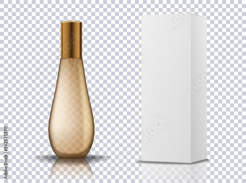 Transparent gold perfume cosmetic bottle container with white box isolated. Mockup for product package branding. Realistic vector illustration of cosmetic product